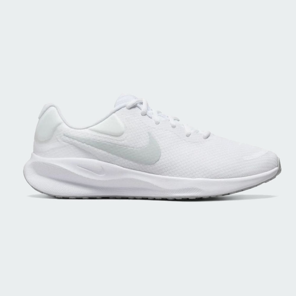 Nike Revolution 7 Men's running trainers in white with a pure platinum Swoosh, side profile showing mesh upper, foam cushioning, and Nike Swoosh.