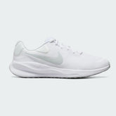 Nike Revolution 7 Men's running trainers in white with a pure platinum Swoosh, side profile showing mesh upper, foam cushioning, and Nike Swoosh.