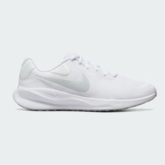 Nike Revolution 7 Men's running trainers in white with a pure platinum Swoosh, side profile showing mesh upper, foam cushioning, and Nike Swoosh.
