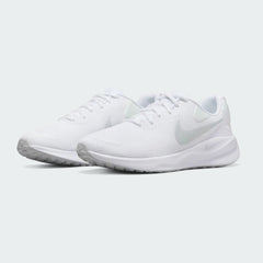 Angled view of two Nike Revolution 7 Men's white running trainers, side by side, showcasing their versatile design and cushioned profile.