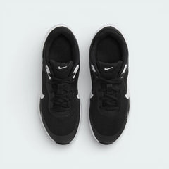 Top-down view of the black trainers, highlighting the breathable mesh toe box and the secure black lacing system.