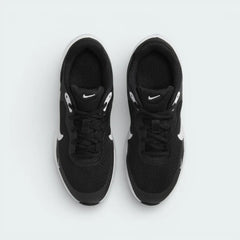 Top-down view of the black trainers, highlighting the breathable mesh toe box and the secure black lacing system.