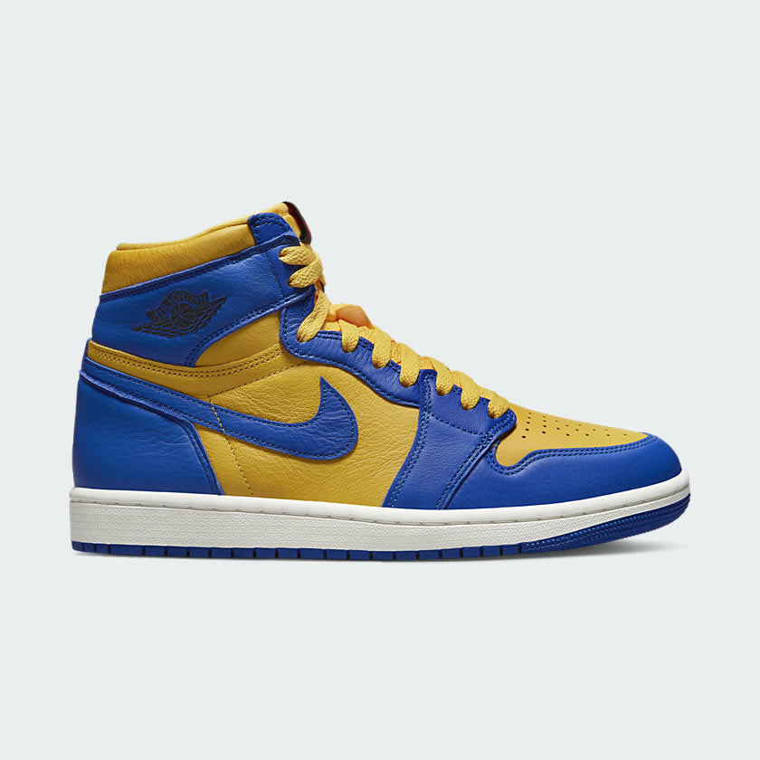 Air Jordan 1 Hi Retro OG Women's trainers in yellow ochre and university blue, side profile showing leather upper, high-top design, and black Nike Swoosh.