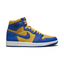 Air Jordan 1 Hi Retro OG Women's trainers in yellow ochre and university blue, side profile showing leather upper, high-top design, and black Nike Swoosh.