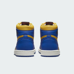 Rear view of the Air Jordan 1 Hi Retro OG Women's yellow/blue trainers, focusing on the Wings logo on the ankle collar and contrasting heel panels.