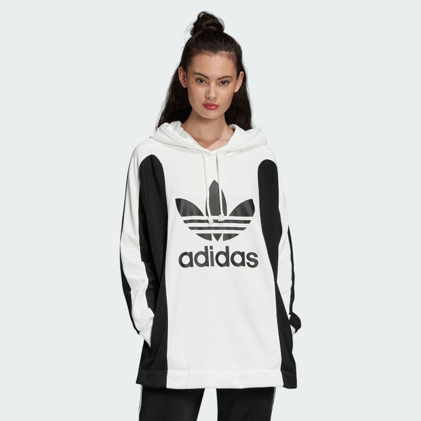 Adidas Women's Oversized Bellista Hoodie in white, front view showing large hood, long sleeves, ribbed cuffs and hem, and small Adidas Trefoil logo.