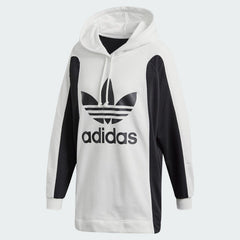 Adidas Women's Oversized Bellista Hoodie in white, front view showing large hood, long sleeves, ribbed cuffs and hem, and small Adidas Trefoil logo.
