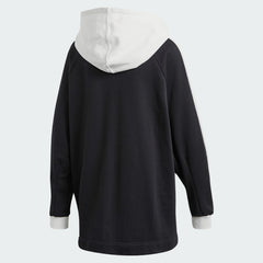 Adidas Women's Oversized Bellista Hoodie in white, back view showcasing the relaxed, oversized fit and smooth fleece fabric.