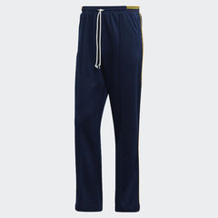 Adidas Recycled Track Pants Men's in dark blue, front view showing elastic waistband, drawcord, side pockets, and contrasting 3-Stripes down the legs.