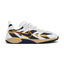 Side profile of the Nike Jam Women's trainers in Summit White, showing the intricate layered upper, navy Swoosh, and the low-profile gum rubber sole.