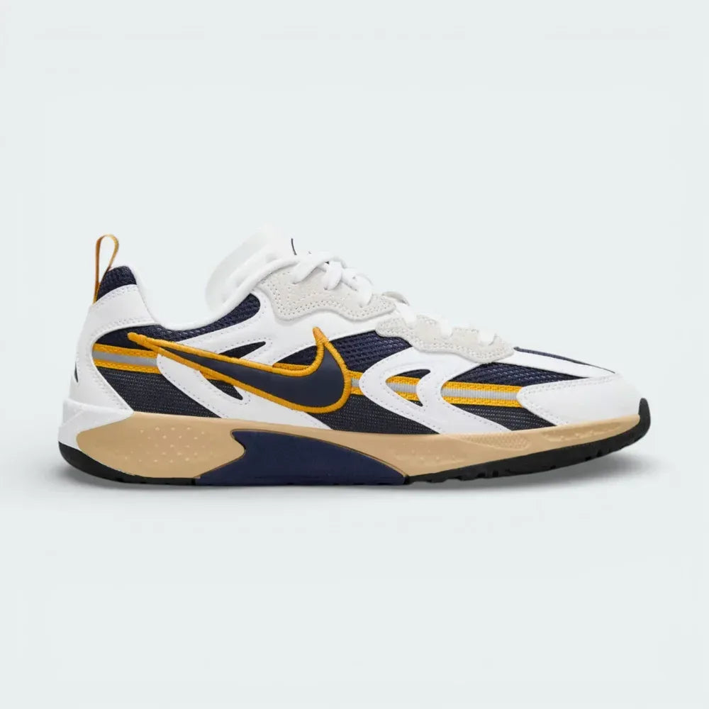 Side profile of the Nike Jam Women's trainers in Summit White, showing the intricate layered upper, navy Swoosh, and the low-profile gum rubber sole.