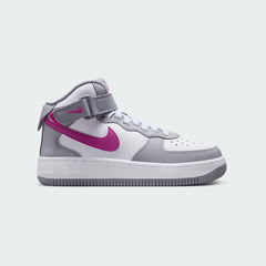 Nike Air Force 1 Mid EasyOn Juniors' trainers in grey with pink and white accents, side profile showing mid-cut silhouette, ankle strap, and classic Swoosh.