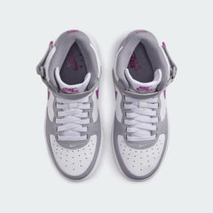 Top-down view of a pair of Nike Air Force 1 Mid EasyOn Juniors' trainers in grey, highlighting the lace-up closure, midfoot strap, and iconic toe box.