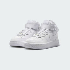 Nike Air Force 1 Mid EasyOn Juniors White FN1193-111 angled view showing white leather upper and clean lines