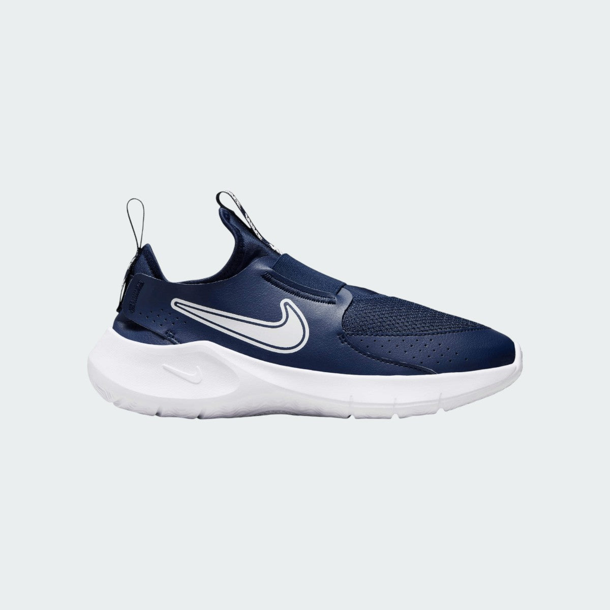 Nike Flex Runner 3 Juniors' running shoes in midnight navy, side profile showing the laceless slip-on design, breathable mesh upper, and flexible foam sole.