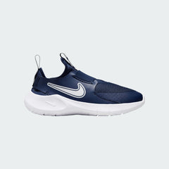 Nike Flex Runner 3 Juniors' running shoes in midnight navy, side profile showing the laceless slip-on design, breathable mesh upper, and flexible foam sole.