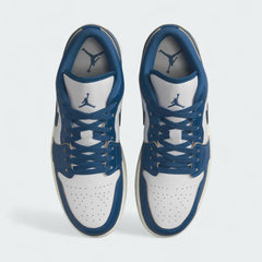 Top-down view of a pair of Air Jordan 1 Low Special Edition Men's trainers in white, highlighting their iconic silhouette and lace-up closure.