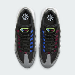 Top-down view of a pair of Nike Air Max 95 Next Nature Men's trainers in black and grey, highlighting their iconic silhouette and lace-up closure.