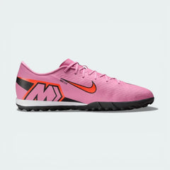 Side profile of the Magic Flamingo pink Nike Mercurial Vapor 16 Academy, showing the sleek NIKESKIN upper and the bold Total Crimson accents.