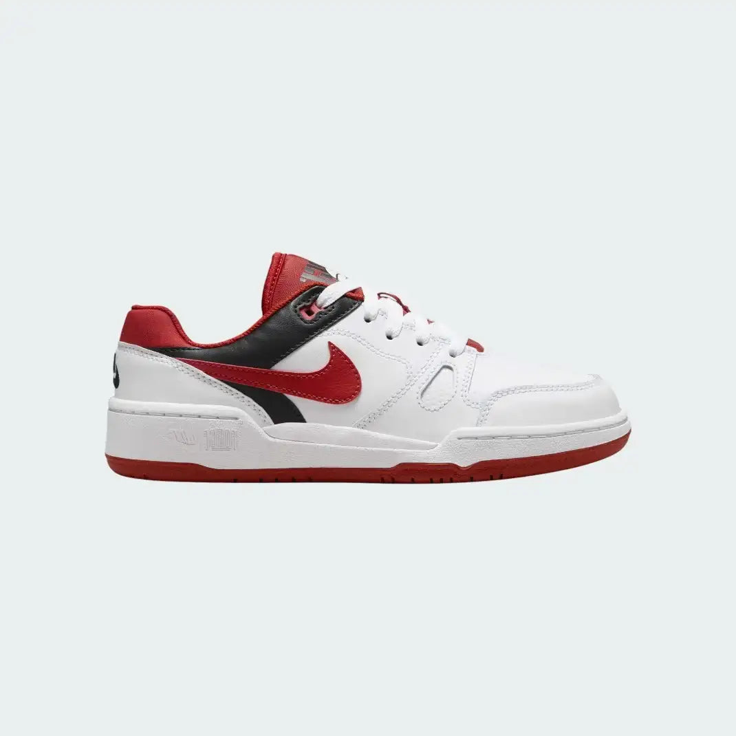 Nike Full Force Lo Juniors' trainers in white leather with mystic red and black accents, side profile showing layered upper and thick sole.