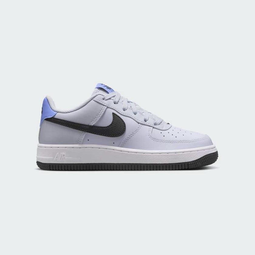 Nike Air Force 1 Juniors Grey Trainers FV5948-003 side view showing grey leather upper, tonal Swoosh, and classic Air sole