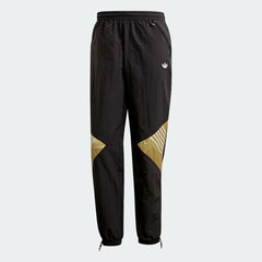 Adidas Tolima 02 Men's Track Pants in black nylon, front view showing elastic waistband, drawcord, side pockets, and classic Adidas 3-Stripes down the legs.