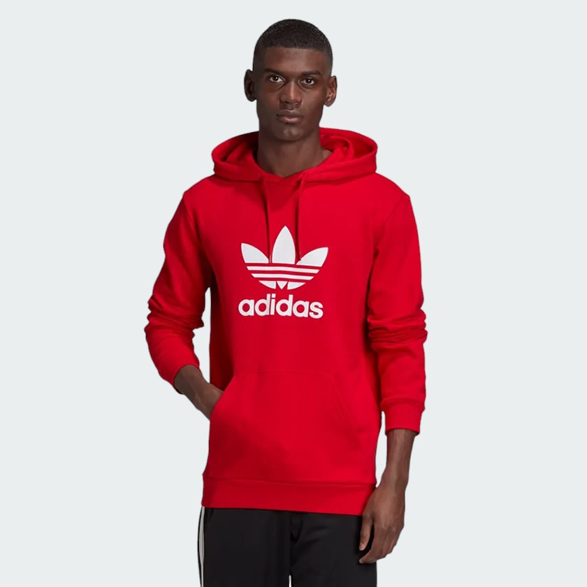 Adidas Trefoil Hoodie Overhead Men's in red, front view showing large white Trefoil logo on the chest and a kangaroo pocket.