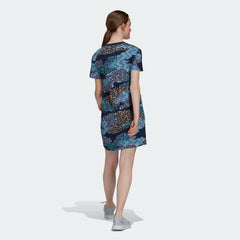 Adidas x Farm Rio 3 Stripe women's all over print dress in legend ink navy, back view showcasing the continuation of the print and the cut of the dress.