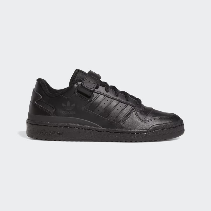 Adidas Forum Low Men's trainers in core black leather, side profile showing classic silhouette, tonal Three Stripes, and hook-and-loop ankle strap.