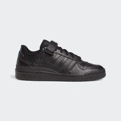 Adidas Forum Low Men's trainers in core black leather, side profile showing classic silhouette, tonal Three Stripes, and hook-and-loop ankle strap.
