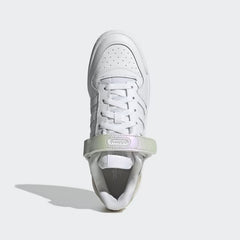 Top-down view of a pair of Adidas Forum Low Women's trainers in white, highlighting the lace-up closure and adjustable ankle strap.