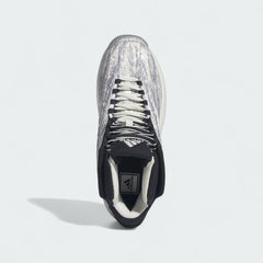 Top-down view of a pair of Adidas Crazy 1 Men's "Snake Skin" trainers in white and black, highlighting the full extent of the textured upper and lacing.
