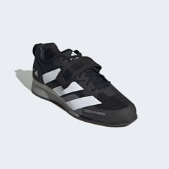 Front view of the Adidas Adipower Weightlifting III Men's shoes, focusing on the structured, non-compressible heel wedge and Adidas branding.