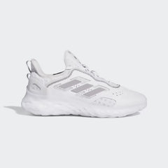Adidas Web Boost Men's running shoes in cloud white with grey accents, side profile showing the unique webbed Boost cushioning and textile upper.