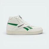 Side profile of the Reebok Club C 85 Form High in Chalk leather, showing the Glen Green Reebok window logo and the sleek high-top silhouette.