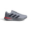 Side Profile Image: Studio lateral shot of the adidas Galaxy 7 in Halo Silver and Aurora Ink, highlighting the supportive textile upper, Cloudfoam midsole cushioning, side three-stripes branding, and durable TPU outsole.