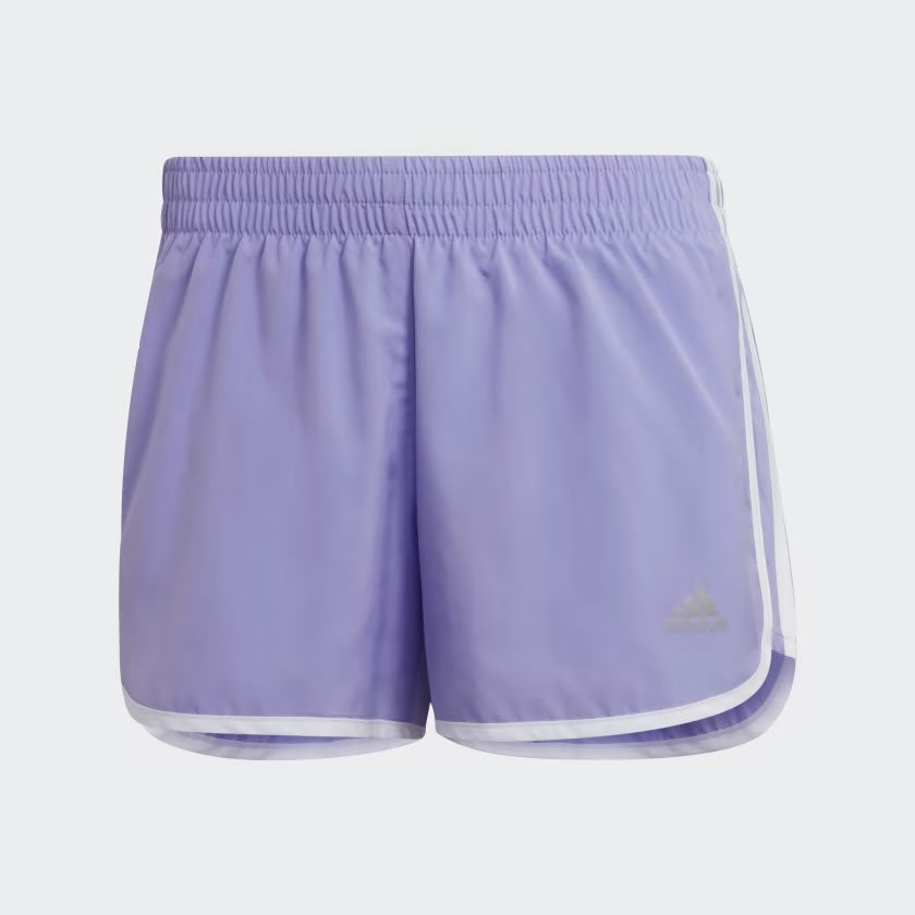 adidas Marathon 20 Women's Running Shorts HC1769 front view showing 3-Stripes and curved hem design