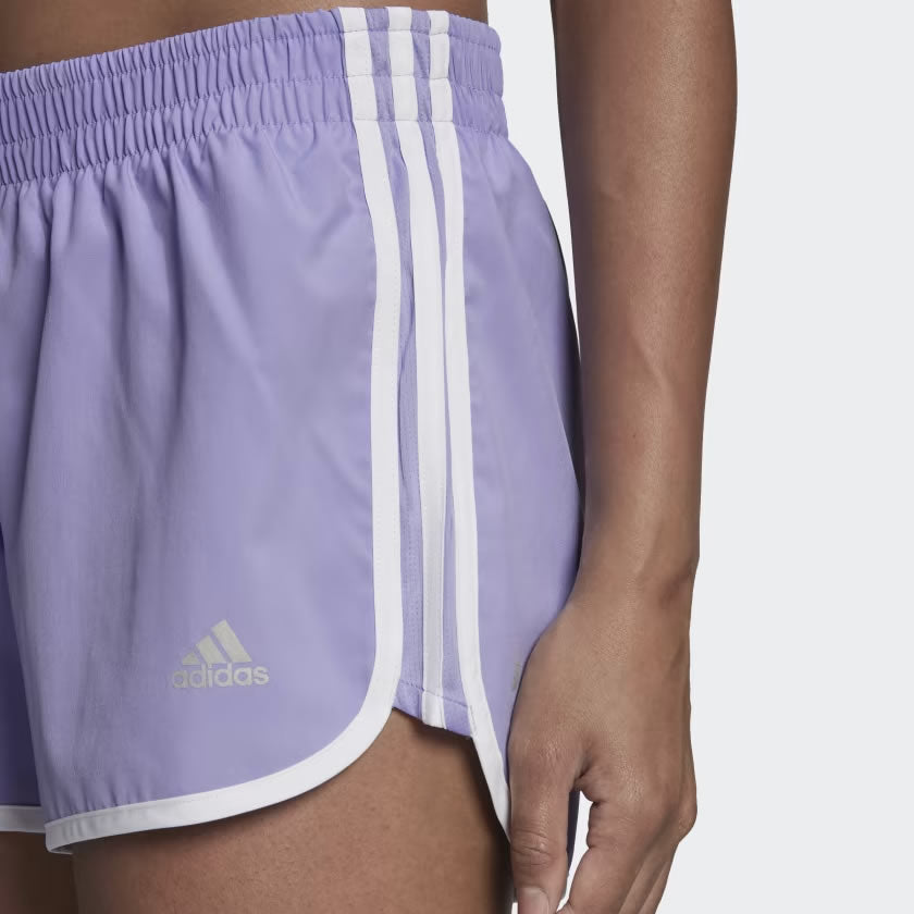 Close-up of adidas Marathon 20 Women's Running Shorts HC1769 AEROREADY fabric and adidas logo