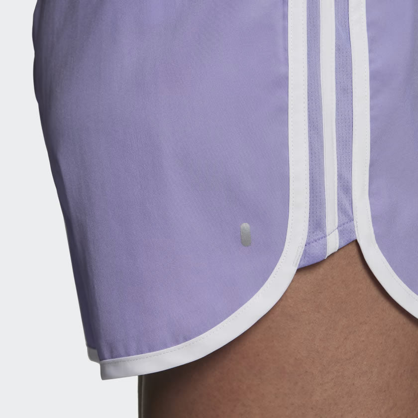 adidas Marathon 20 Women's Running Shorts HC1769 side profile showing short length and contrast stripes