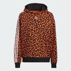 Adidas x Rich Mnisi Hoodie Women's in a true orange and black animal print, front view showing the drawcord hood and kangaroo pocket.