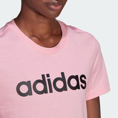 Close-up of Adidas Essentials Slim Logo T-Shirt HD1681 showing Adidas linear logo and cotton fabric texture