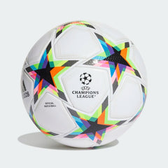 Adidas Champions League 2022/23 Pro Match Ball HE3777, side profile showing its white and multi-color "UCL Pro Void" starry design.