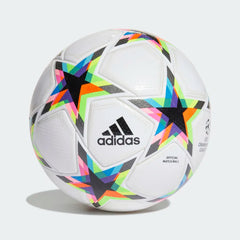 Adidas Champions League 2022/23 Pro Match Ball HE3777, side profile showing its white and multi-colour and adidas logo design