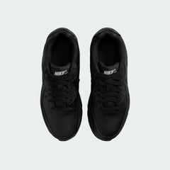 Top-down view of a pair of Nike Air Max 90 Juniors' trainers in black, highlighting their streamlined silhouette and lace-up closure.