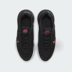 Top-down view of a pair of Nike Air Max Pulse Juniors' trainers in black and red, highlighting their sleek silhouette and lace-up closure.