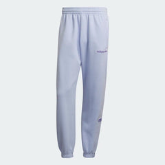 Adidas Trefoil Linear Men's Sweat Pants in violet, front view showing elastic waistband, drawcord, tapered legs, side pockets, and linear Trefoil branding down the leg.