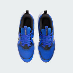 Top-down view of a pair of Nike Cosmic Runner Juniors' running trainers in blue, highlighting their sleek silhouette and lace-up closure.