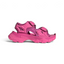 Adidas by Stella McCartney Hika Sandal in pink, side profile showing adjustable hook-and-loop straps, chunky sole, and collaborative branding.