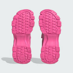 View of the outsole of the Adidas by Stella McCartney Hika Sandals in pink, showing the durable tread pattern for grip.