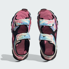 Top-down view of a pair of Adidas by Stella McCartney Hika Sandals in a multi-colored design, highlighting the multiple straps and footbed.